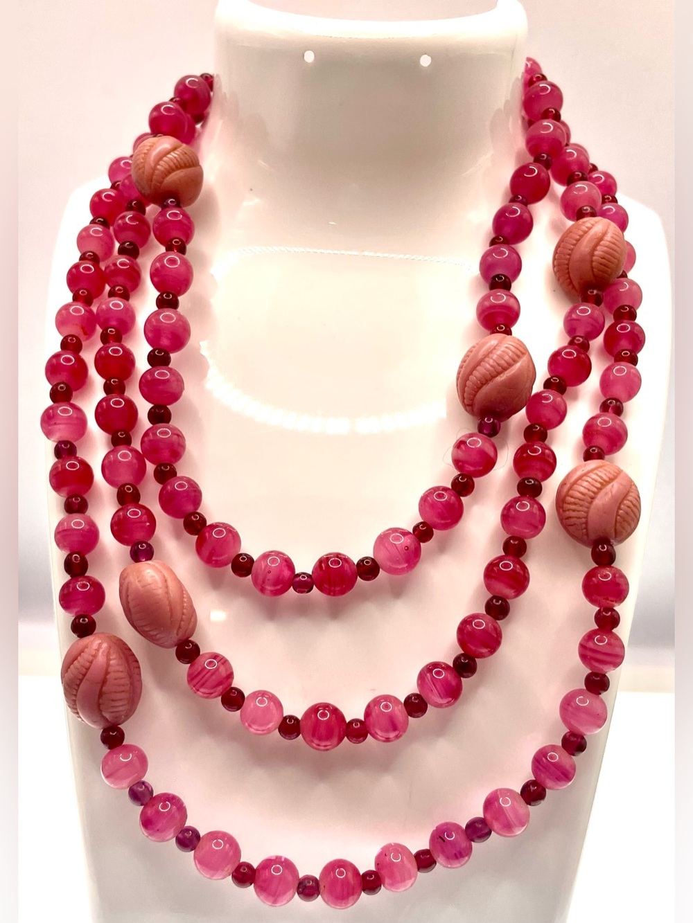 Vintage Long Pink Glass Beaded Necklace Molded Acrylic Accent Beads 44”